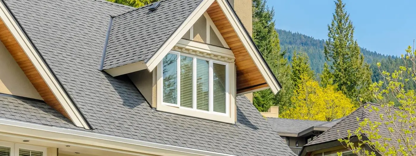 close up of tan/gray shingle roofing