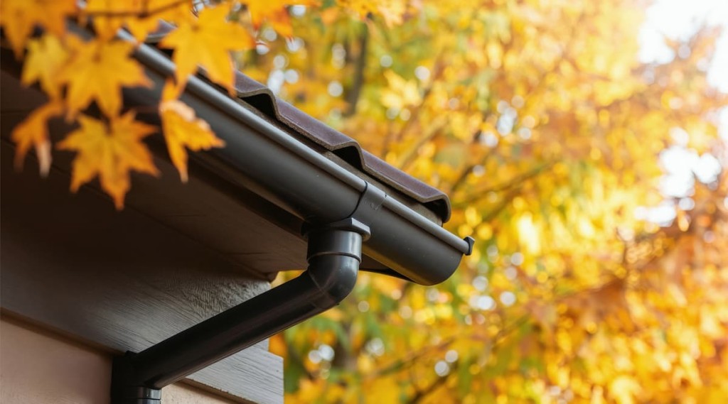 gutters with fall leaves in the background